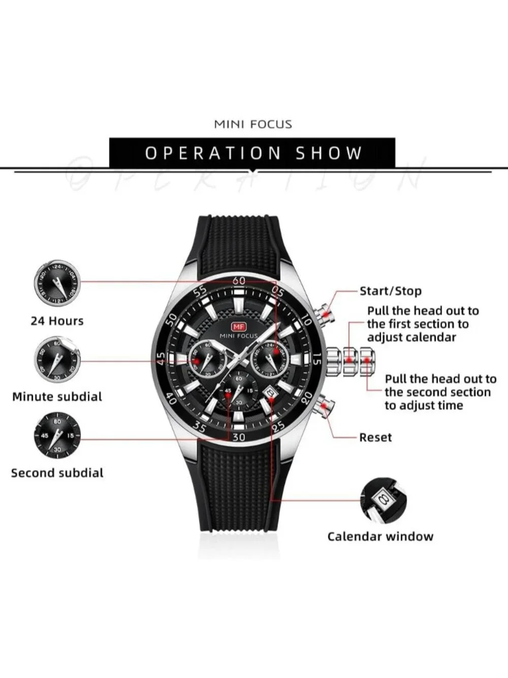 Men Black Silver Silicon Band Chronograph Waterproof Luminous Unique Wrist Watch